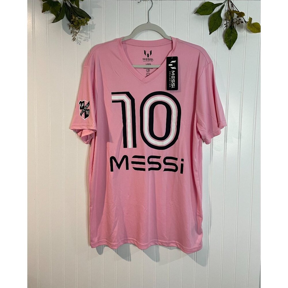 Lionel Messi Pink V-Neck Soccer Jersey L/G Messi Collection Logo 100% Polyester